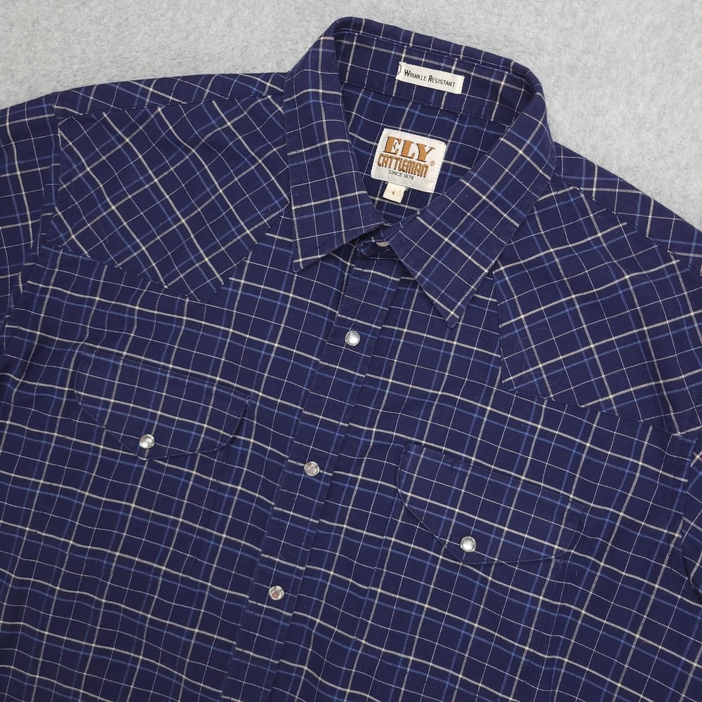 Ely Cattleman Shirt Mens‎ L Blue Plaid Western Pearl Snap Short Sleeve Flannel